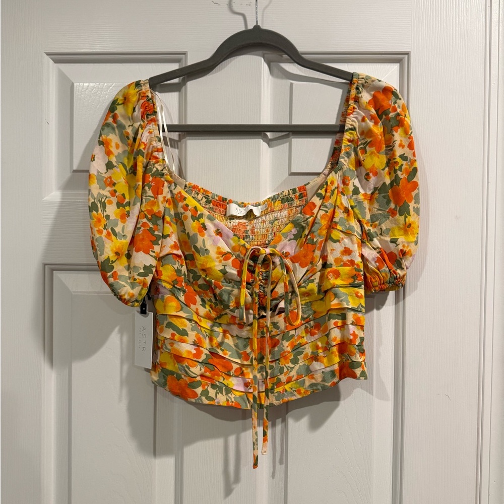 Astr Floral Puff Sleeve Blouse - Orange and Yellow